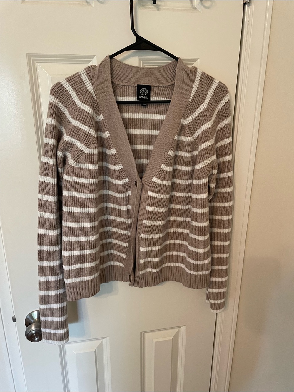 bobeau Taupe and White Striped V-Neck Cardigan